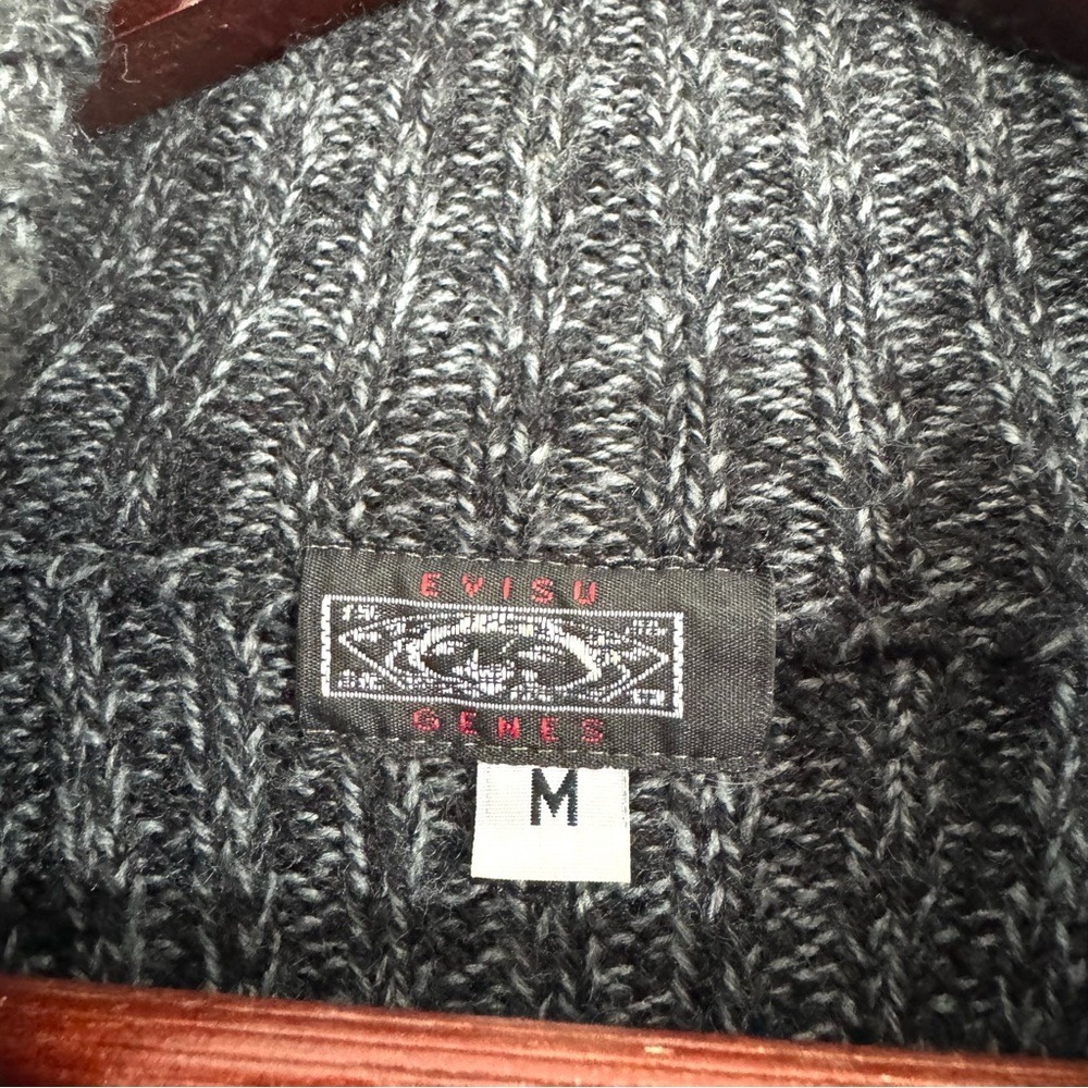 Evisu Genes Knit Double Zipped Cardigan Grey Buckle Longline Mock Neck Medium - Picture 7 of 12
